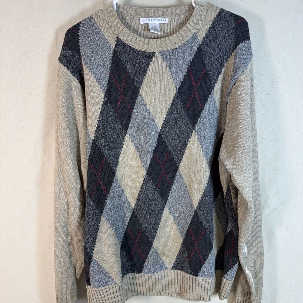 Geoffrey Beene Men’s Large Argyle Crewneck Sweater 100% Cotton Gray Tan - READ!